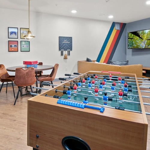 Everything within reach a room with a pool table and chairs and a tv on the wall